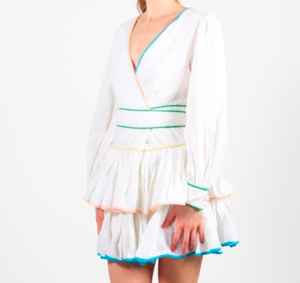 Maia Bergman Mika Linen Wrap Mini Dress White Rainbow Trim NWT Sz L Free People